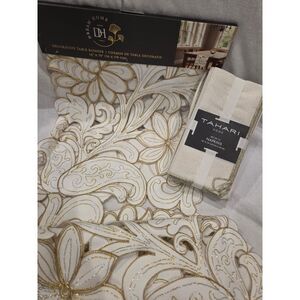 NWT Tahari Gold Table Set Embroidered Runner 70" & 12 Matching Cloth Napkins